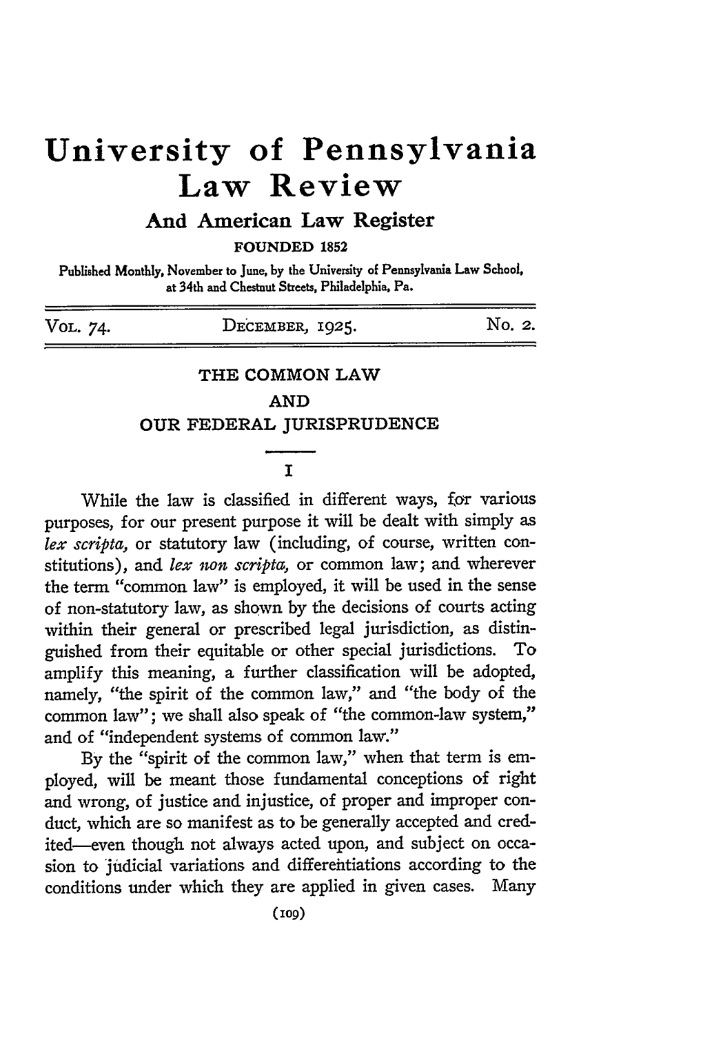 The Common Law and Our Federal Jurisprudence: I