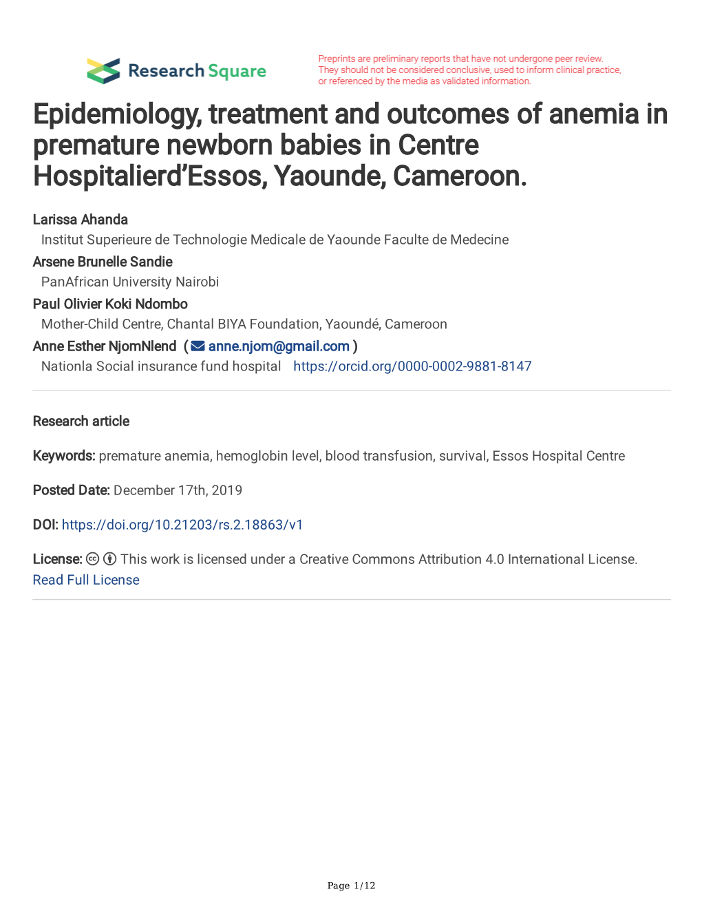 Epidemiology, Treatment and Outcomes of Anemia in Premature Newborn Babies in Centre Hospitalierd’Essos, Yaounde, Cameroon