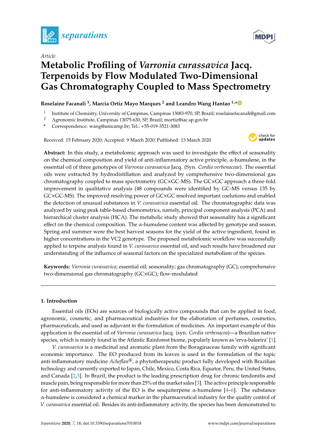 Metabolic Profiling of Varronia Curassavica Jacq. Terpenoids By