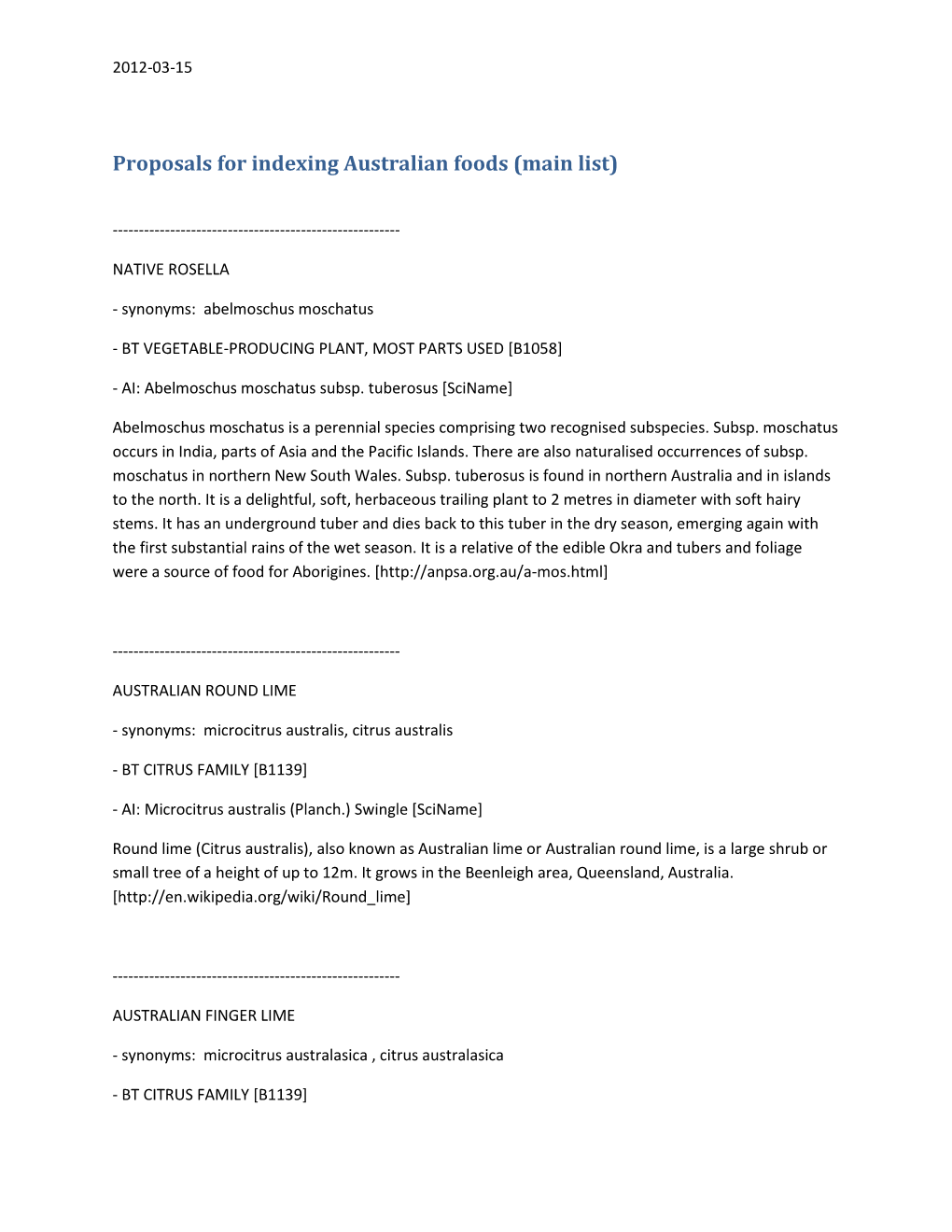 Proposals for Indexing Australian Foods (Main List)