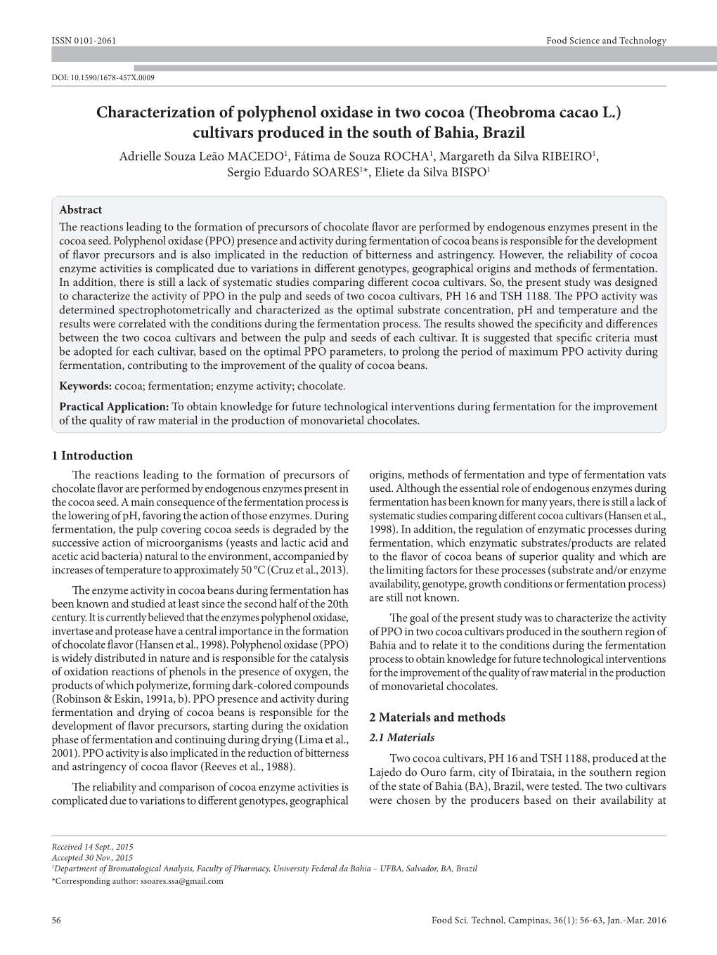 Characterization of Polyphenol Oxidase in Two Cocoa