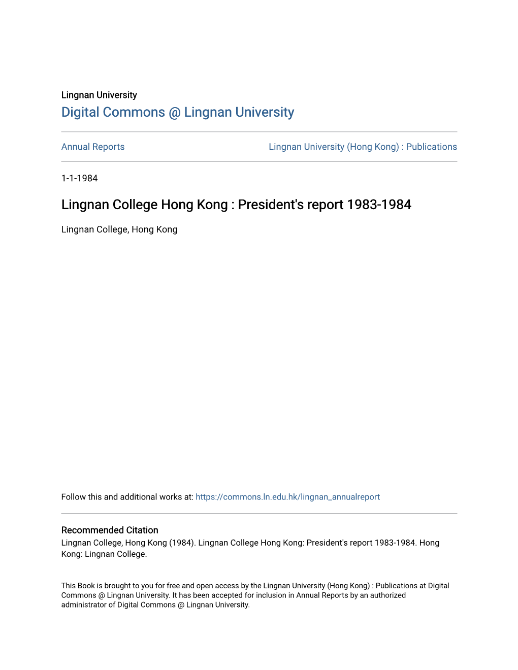 Lingnan College Hong Kong : President's Report 1983-1984