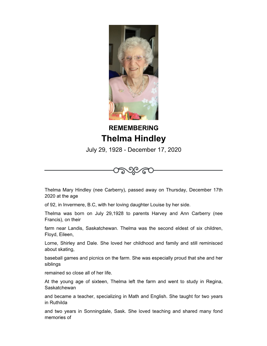 Thelma Hindley July 29, 1928 - December 17, 2020