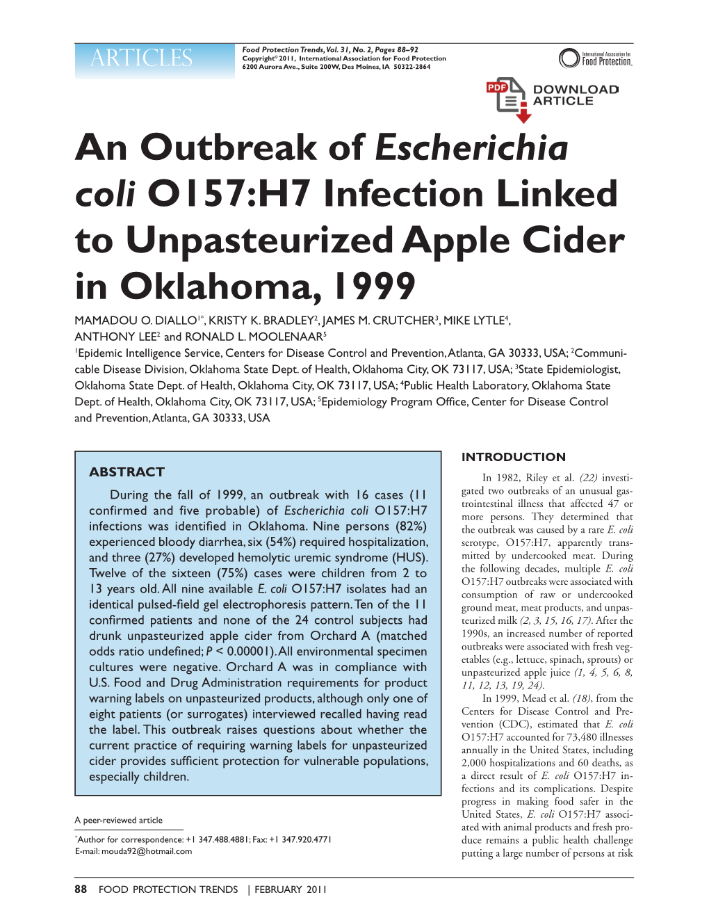 An Outbreak of Escherichia Coli O157:H7 Infection Linked to Unpasteurized Apple Cider in Oklahoma, 1999 Mamadou O