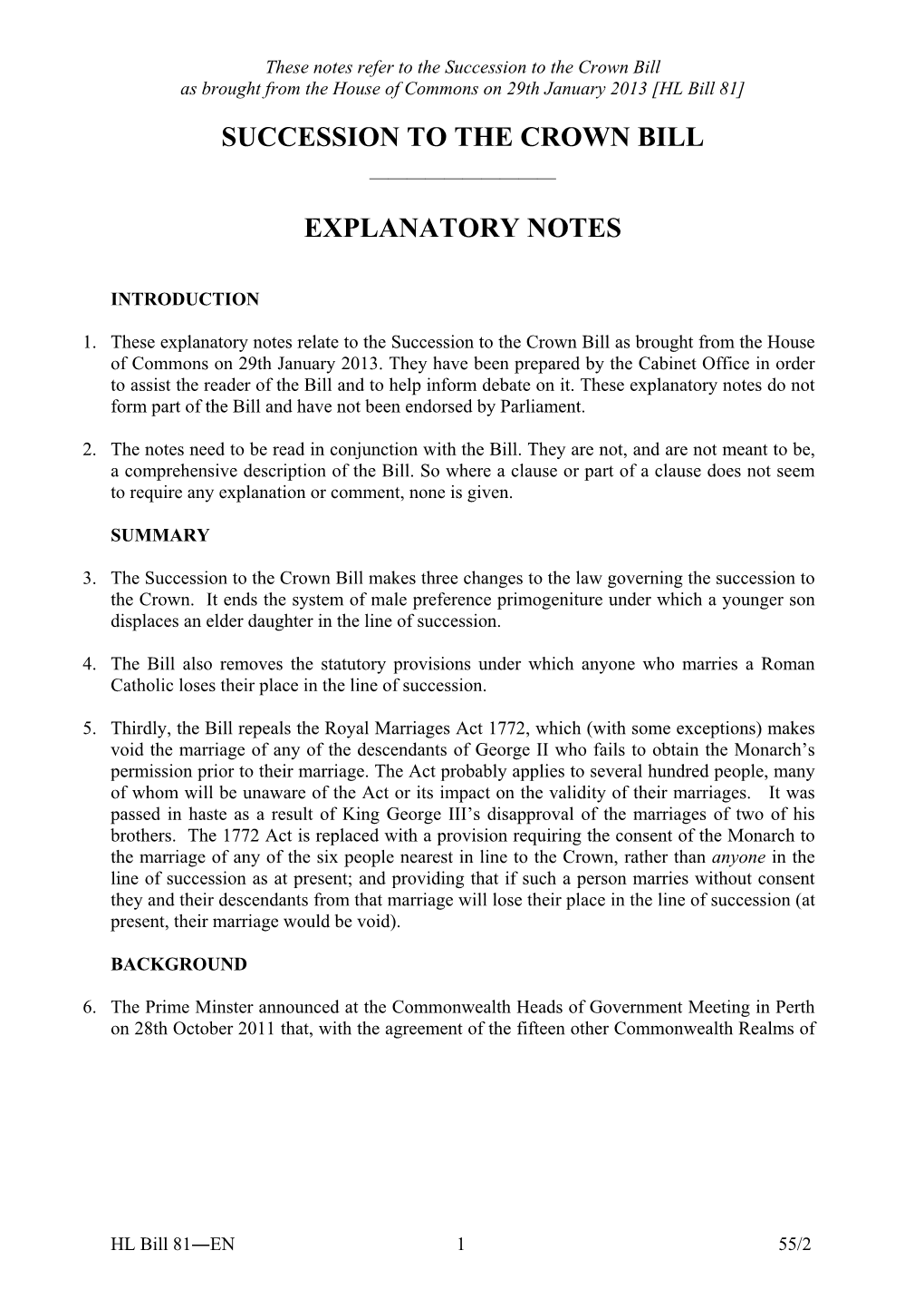 Succession to the Crown Bill Explanatory Notes