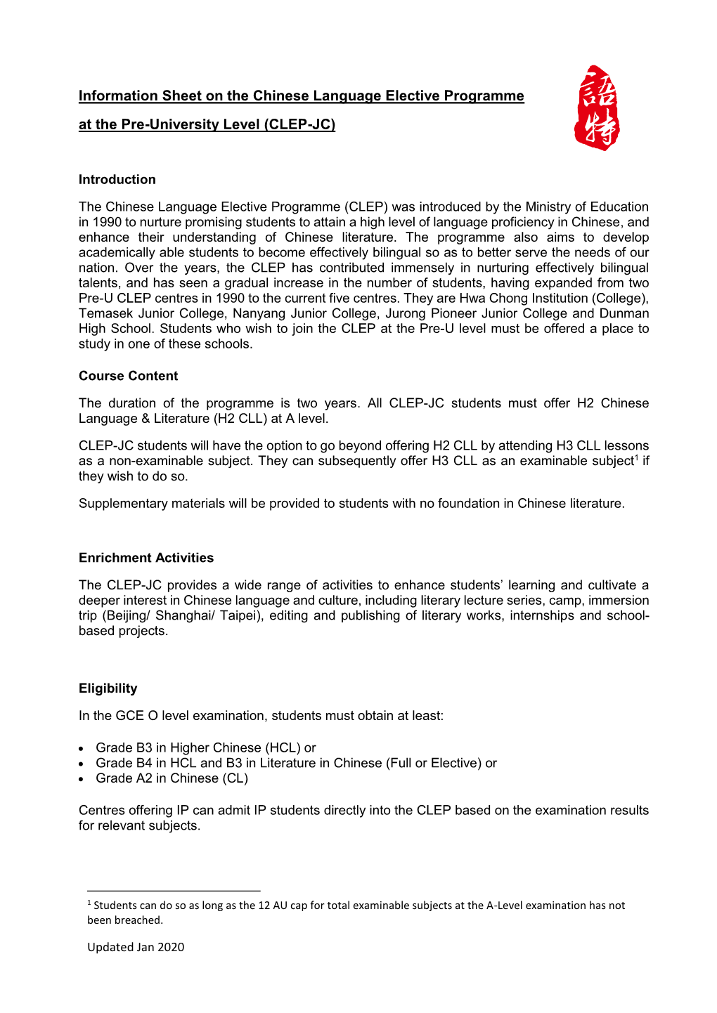 Information Sheet on the Chinese Language Elective Programme at the Pre-University Level (CLEP-JC)