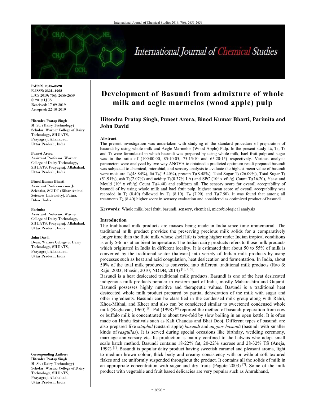 Development of Basundi from Admixture of Whole Milk and Aegle Marmelos (Wood