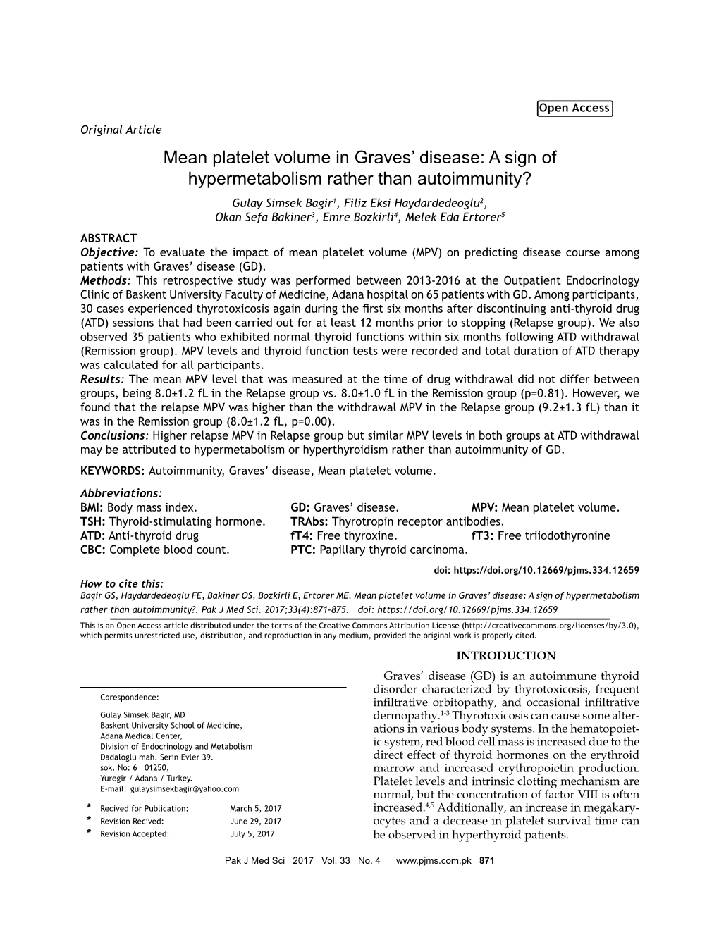 Mean Platelet Volume in Graves' Disease