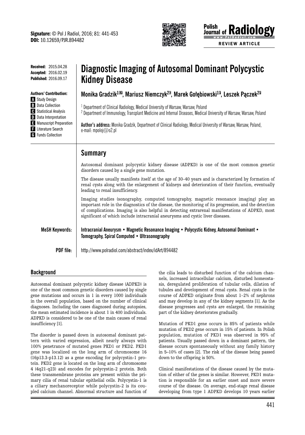 Diagnostic Imaging of Autosomal Dominant Polycystic Kidney Disease