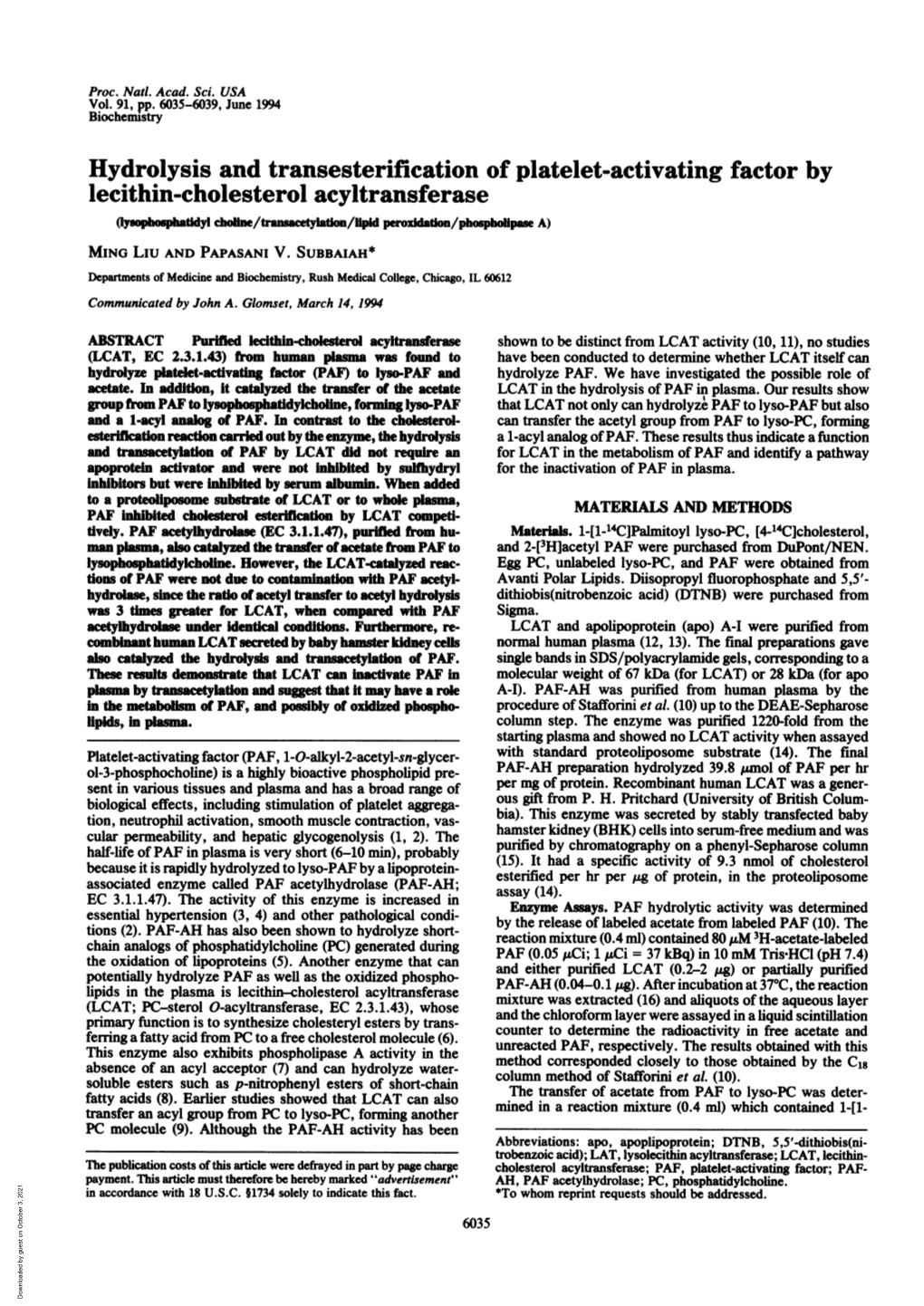 Hydrolysis and Transesterification of Platelet-Activating Factor by Lecithin