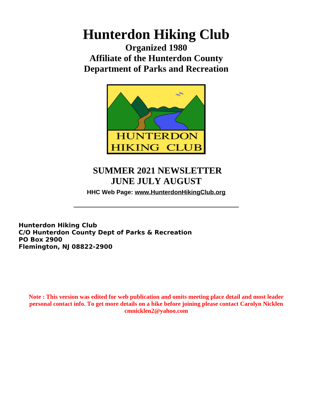 SUMMER 2021 NEWSLETTER JUNE JULY AUGUST HHC Web Page: ______