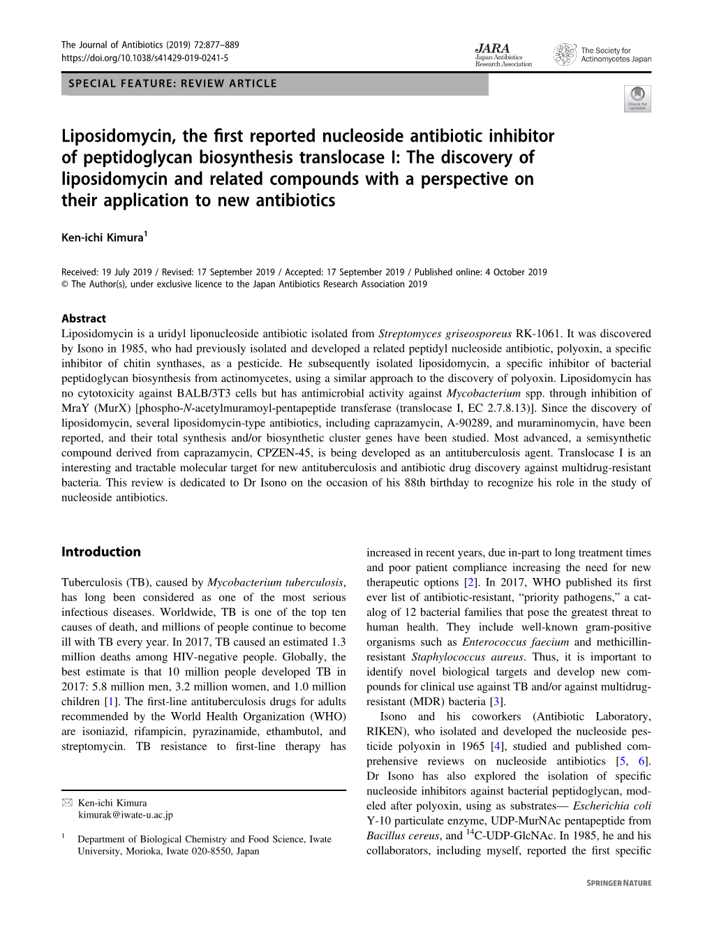 Liposidomycin, the First Reported Nucleoside Antibiotic Inhibitor of Peptidoglycan Biosynthesis Translocase I