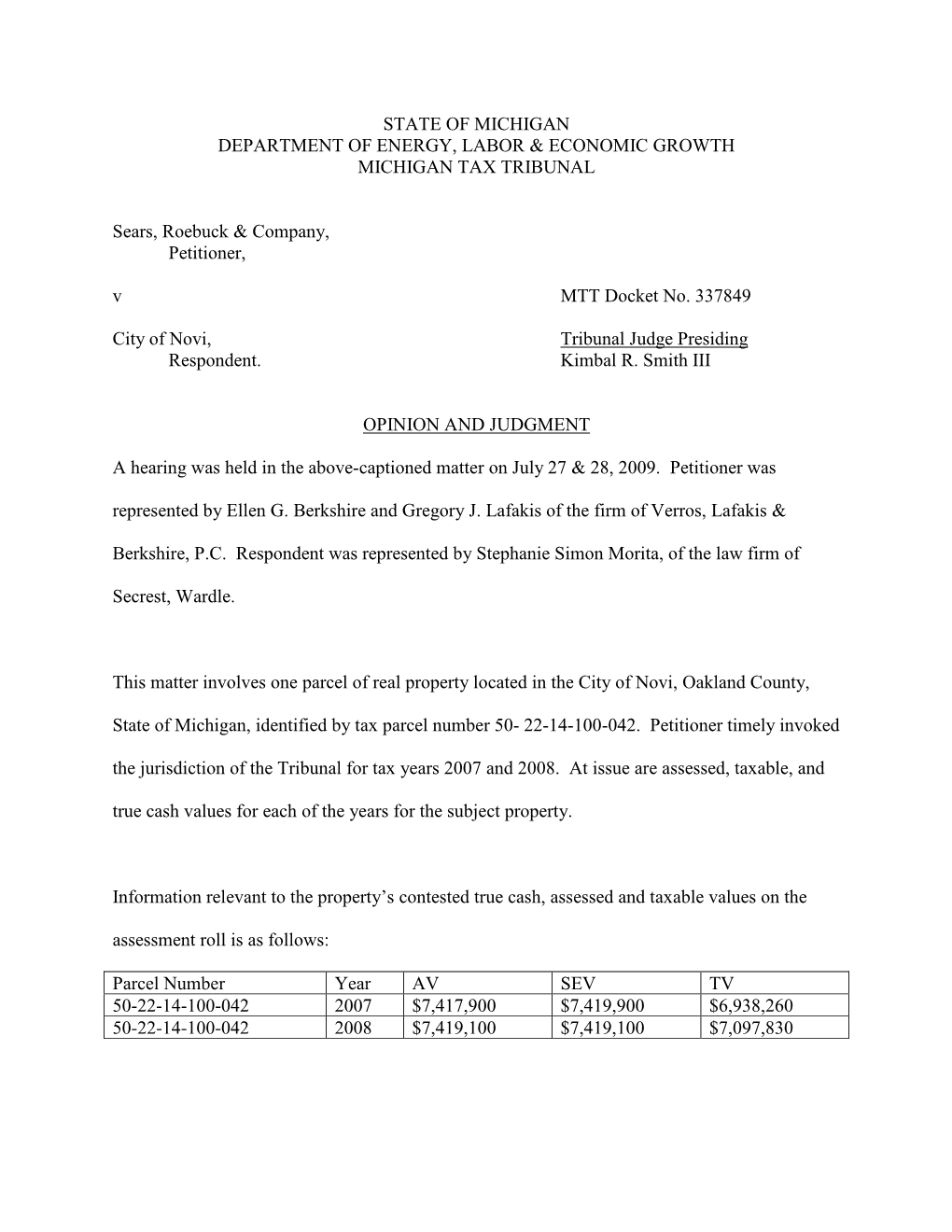 State of Michigan Department of Energy, Labor & Economic Growth Michigan Tax Tribunal