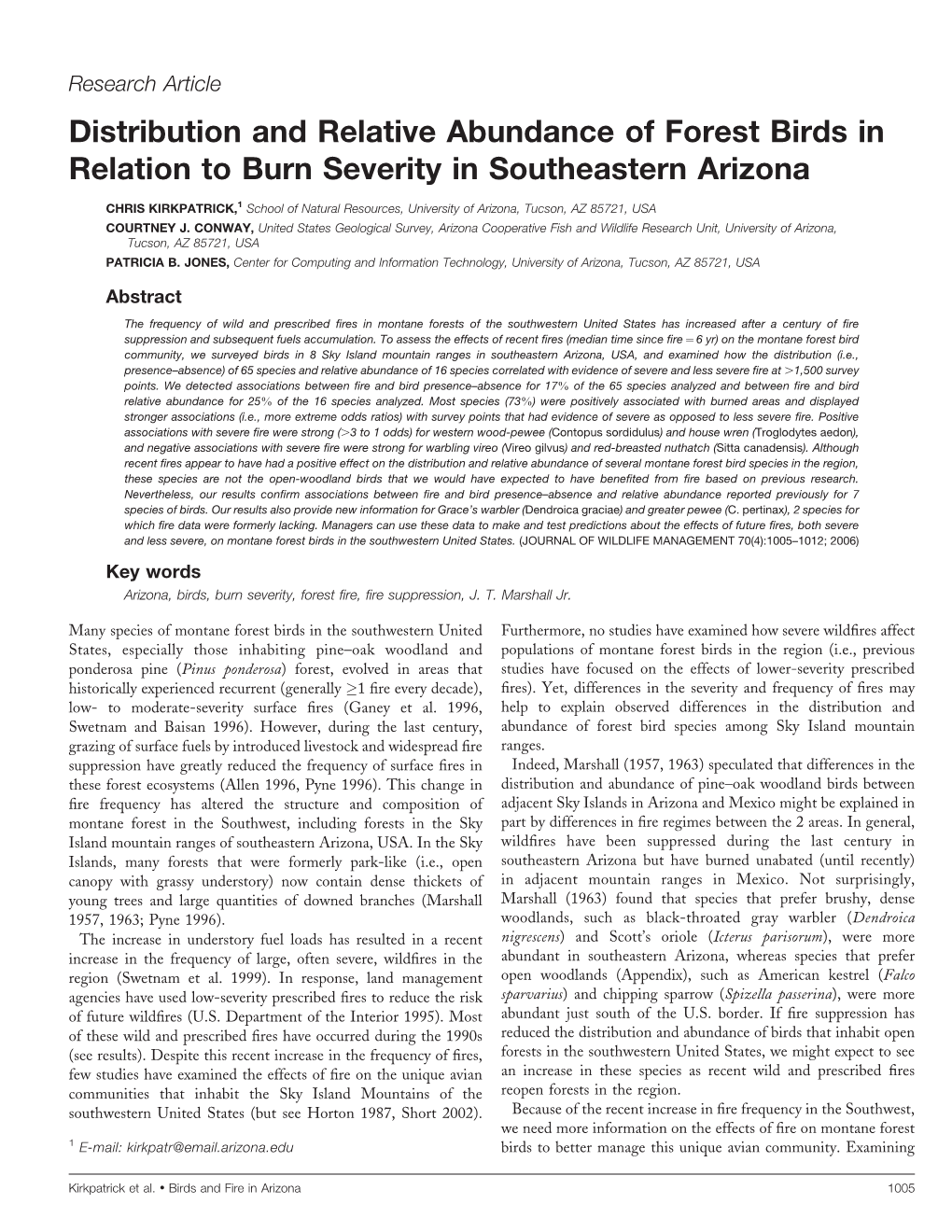 Distribution and Relative Abundance of Forest Birds in Relation to Burn Severity in Southeastern Arizona