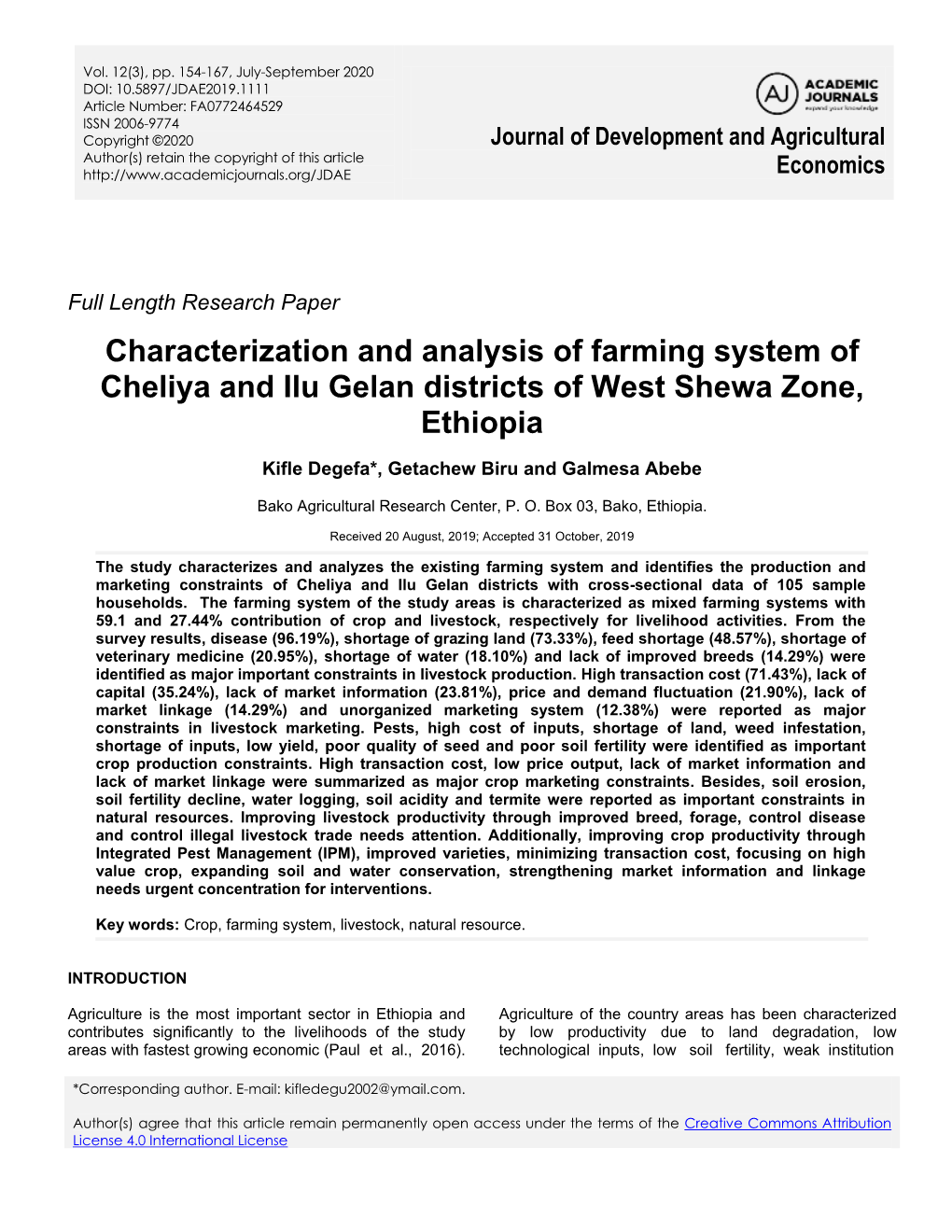 Characterization and Analysis of Farming System of Cheliya and Ilu Gelan Districts of West Shewa Zone, Ethiopia