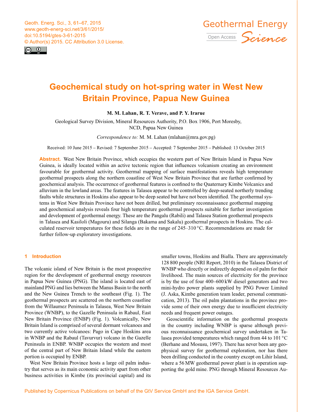 Geochemical Study on Hot-Spring Water in West New Britain Province, Papua New Guinea