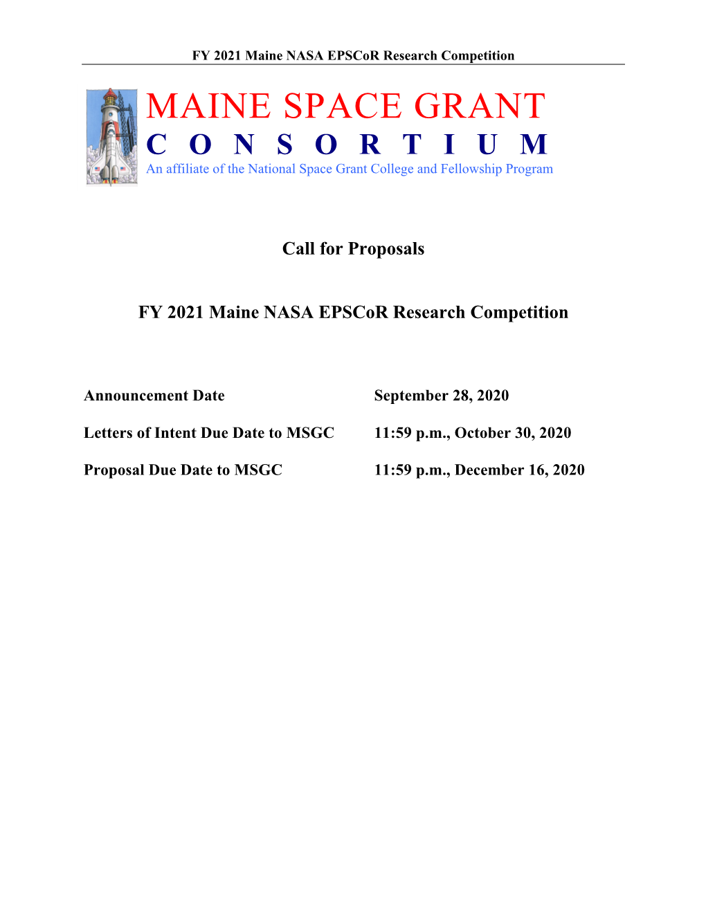 FINAL Maine NASA Epscor Research FY21 Competition Call