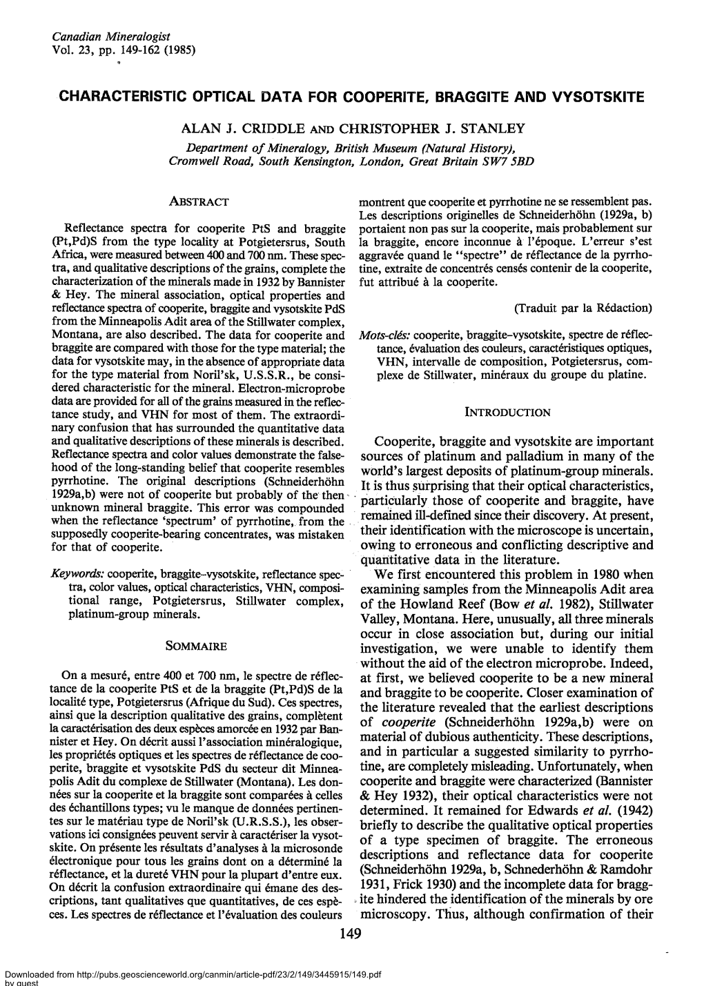 Characteristic Optical Data for Cooperite, Braggite and Vysotskite