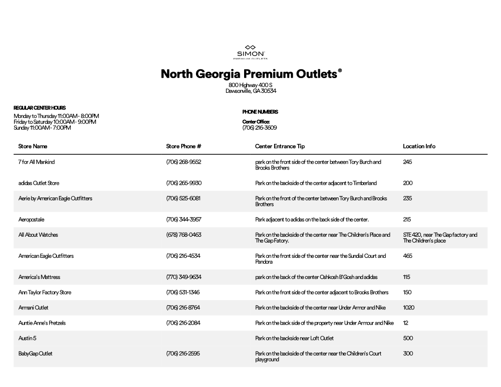 Complete List of Stores Located at North Georgia Premium Outlets