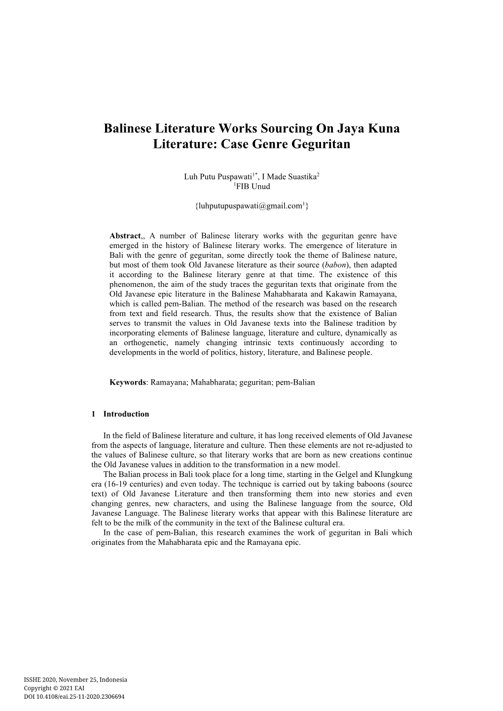 Balinese Literature Works Sourcing on Jaya Kuna Literature: Case Genre Geguritan