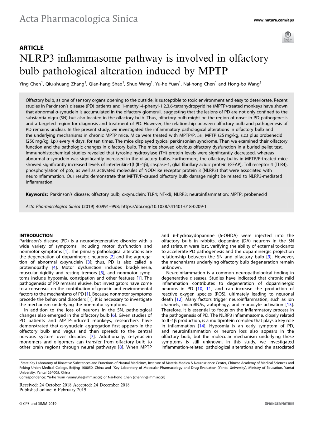 NLRP3 Inflammasome Pathway Is Involved in Olfactory Bulb Pathological Alteration Induced by MPTP