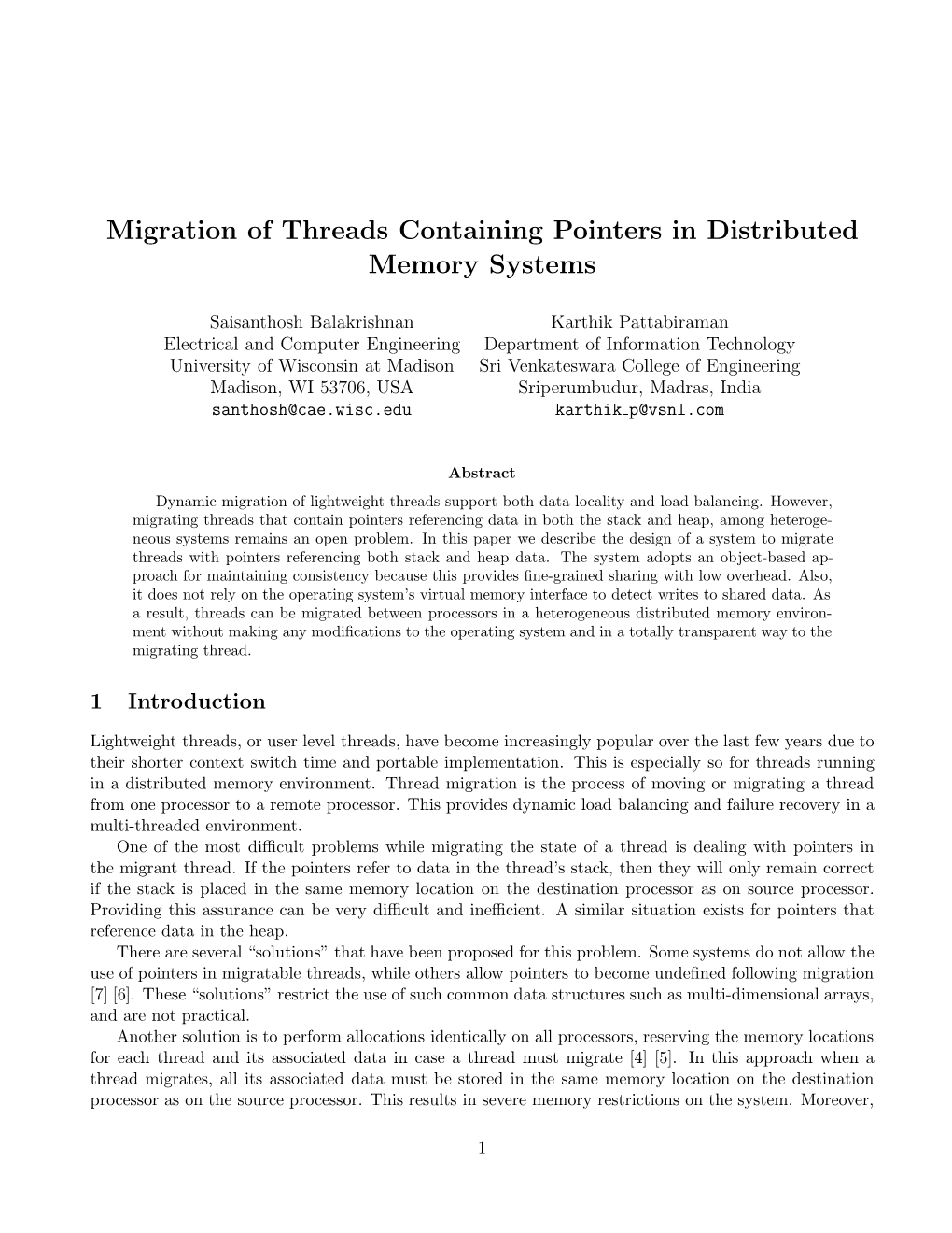 Migration of Threads Containing Pointers in Distributed Memory Systems