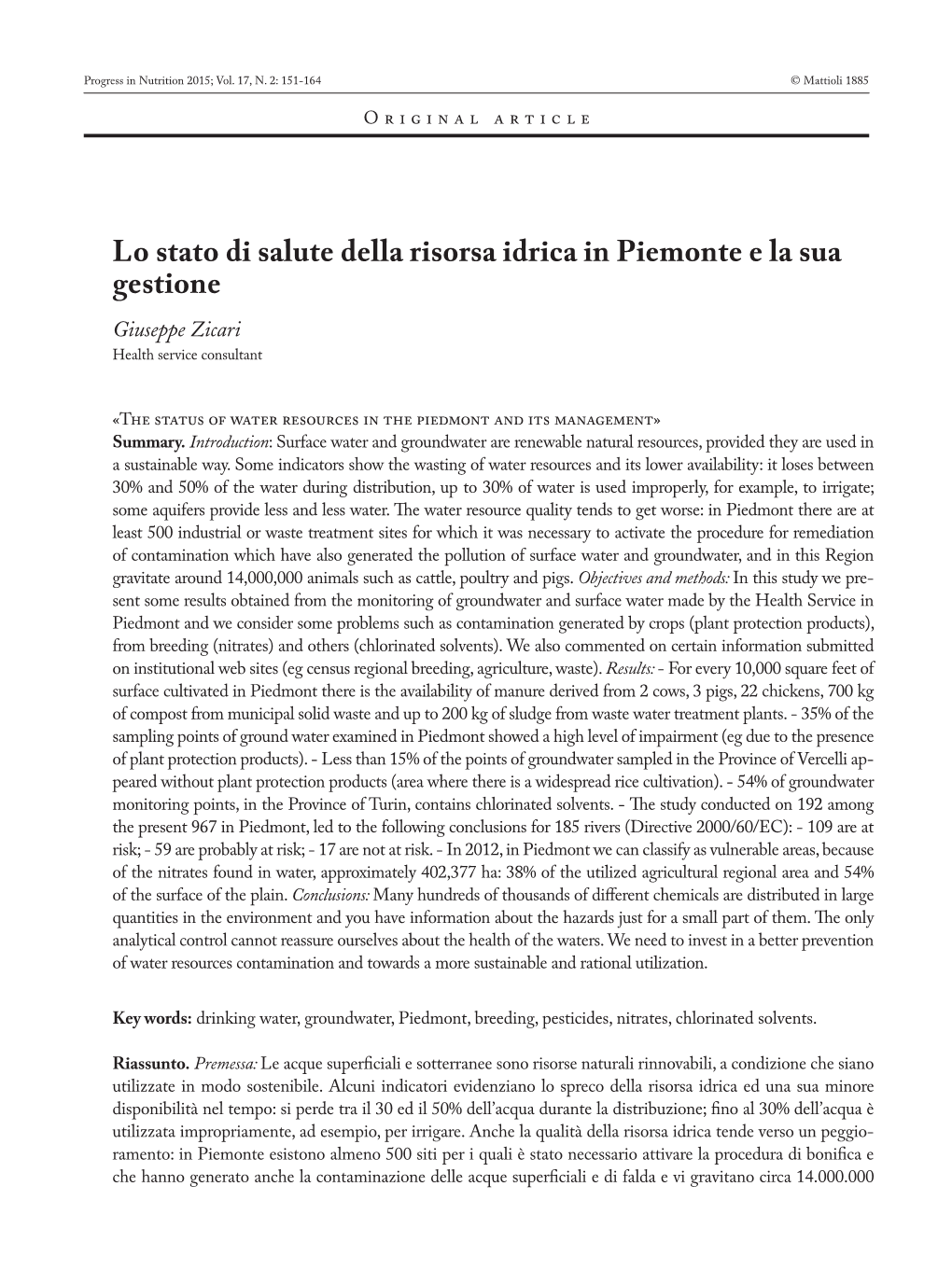 Lo Stato Di Salute Della Risorsa Idrica in Piemonte E La Sua Gestione Giuseppe Zicari Health Service Consultant