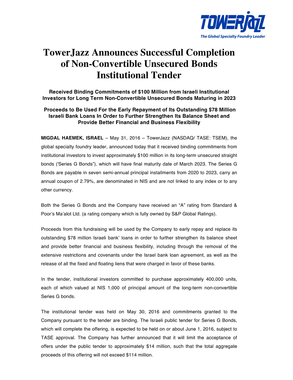 Towerjazz Announces Successful Completion of Non-Convertible Unsecured Bonds Institutional Tender