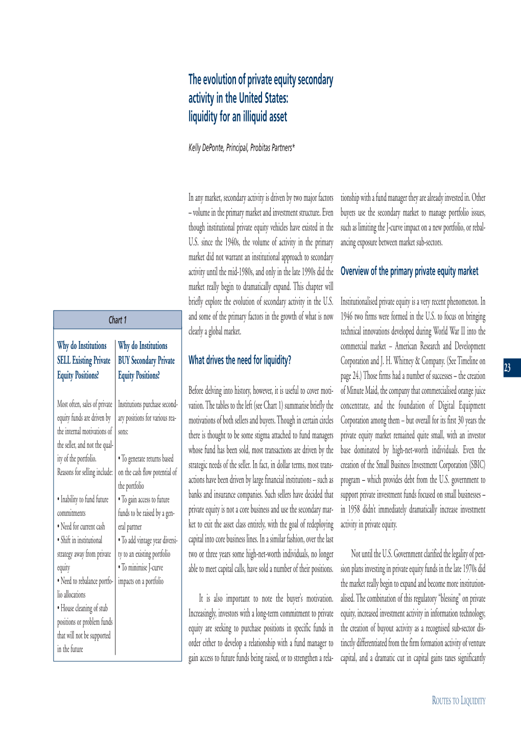 The Evolution of Private Equity Secondary Activity in the United States: Liquidity for an Illiquid Asset