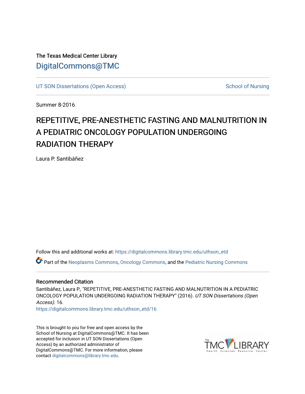 Repetitive, Pre-Anesthetic Fasting and Malnutrition in a Pediatric Oncology Population Undergoing Radiation Therapy