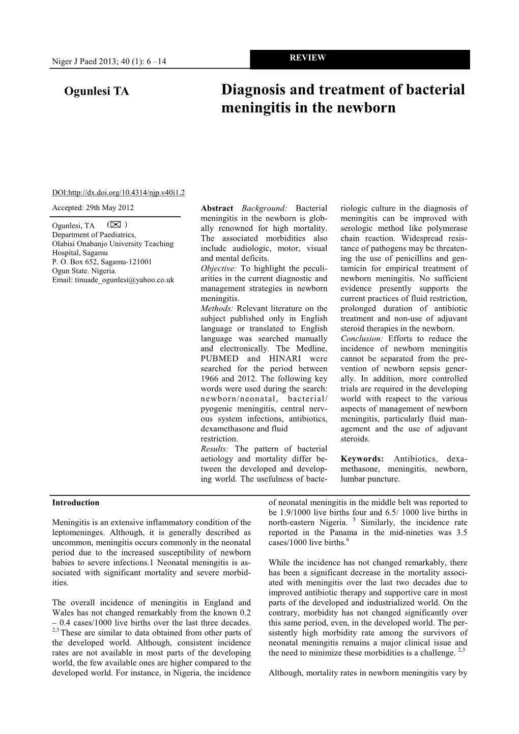 Diagnosis and Treatment of Bacterial Meningitis in the Newborn