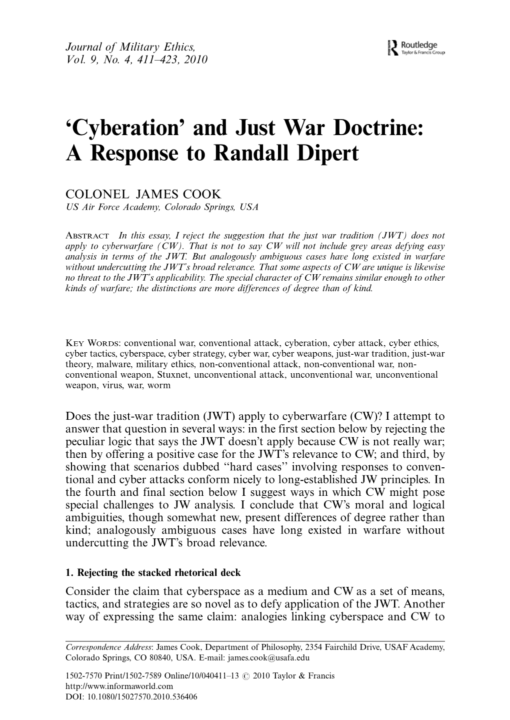 'Cyberation' and Just War Doctrine