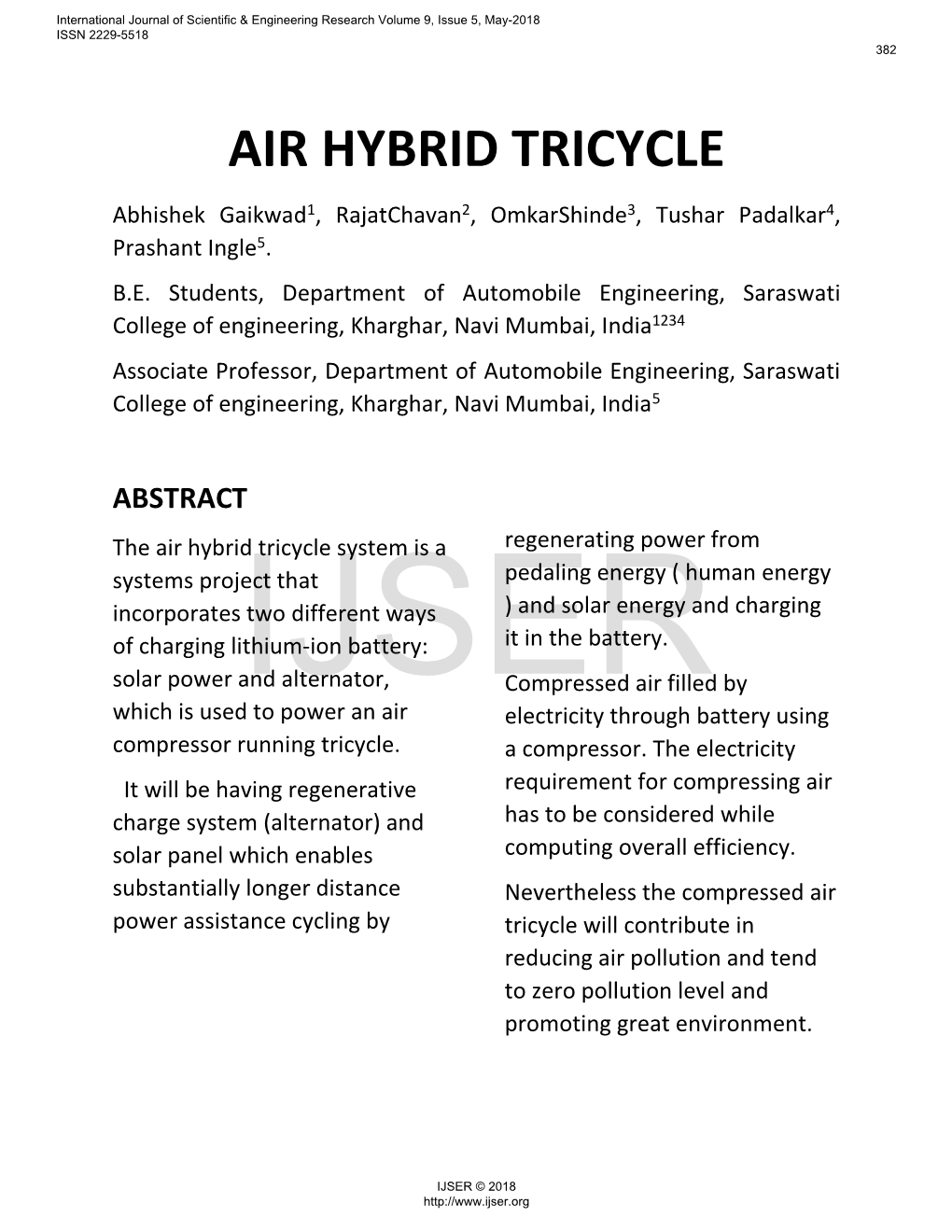 AIR HYBRID TRICYCLE Abhishek Gaikwad1, Rajatchavan2, Omkarshinde3, Tushar Padalkar4, Prashant Ingle5