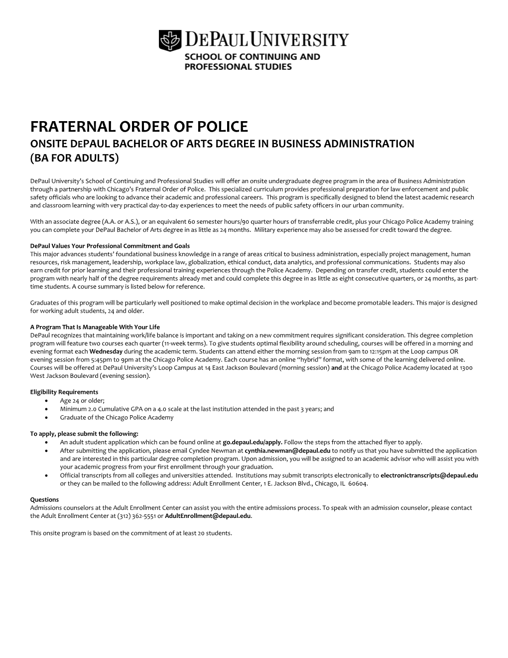 Fraternal Order of Police Onsite Depaul Bachelor of Arts Degree in Business Administration (Ba for Adults)