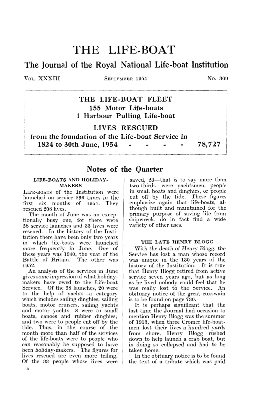 THE LIFE-BOAT the Journal of the Royal National Life-Boat Institution VOL