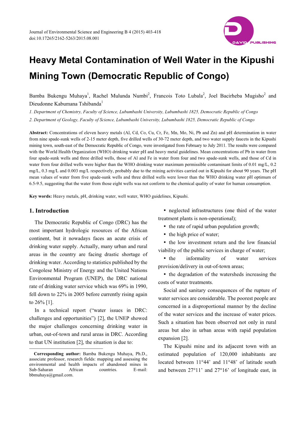 Heavy Metal Contamination of Well Water in the Kipushi Mining Town (Democratic Republic of Congo)