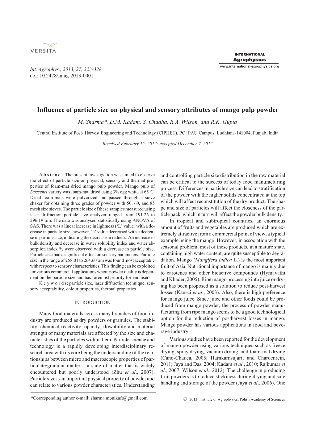 Influence of Particle Size on Physical and Sensory Attributes of Mango Pulp Powder