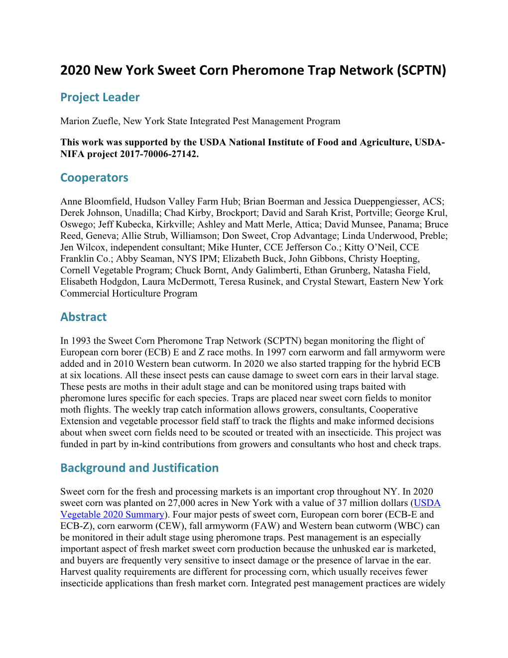 2020 New York Sweet Corn Pheromone Trap Network (SCPTN) Project Leader