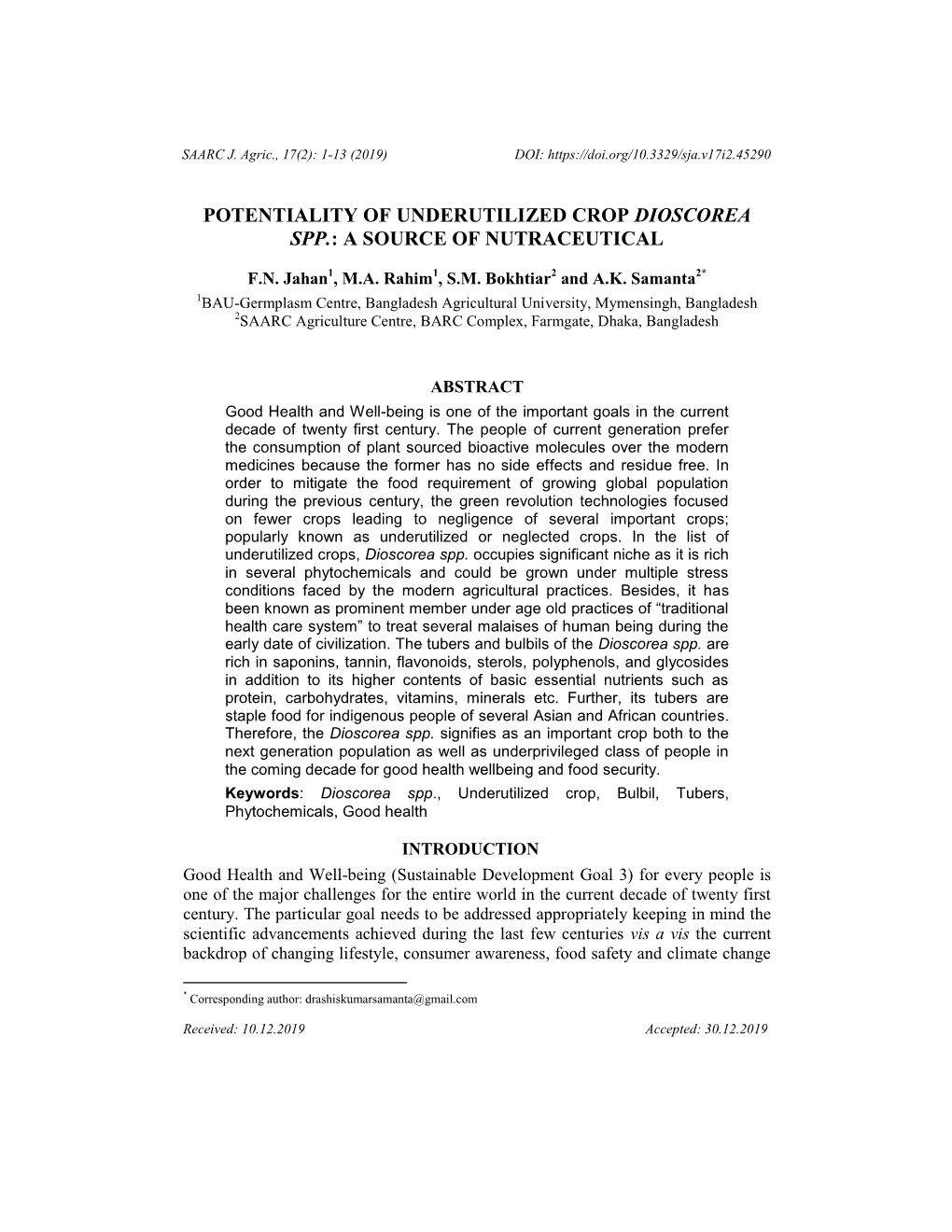 Potentiality of Underutilized Crop Dioscorea Spp.: a Source of Nutraceutical