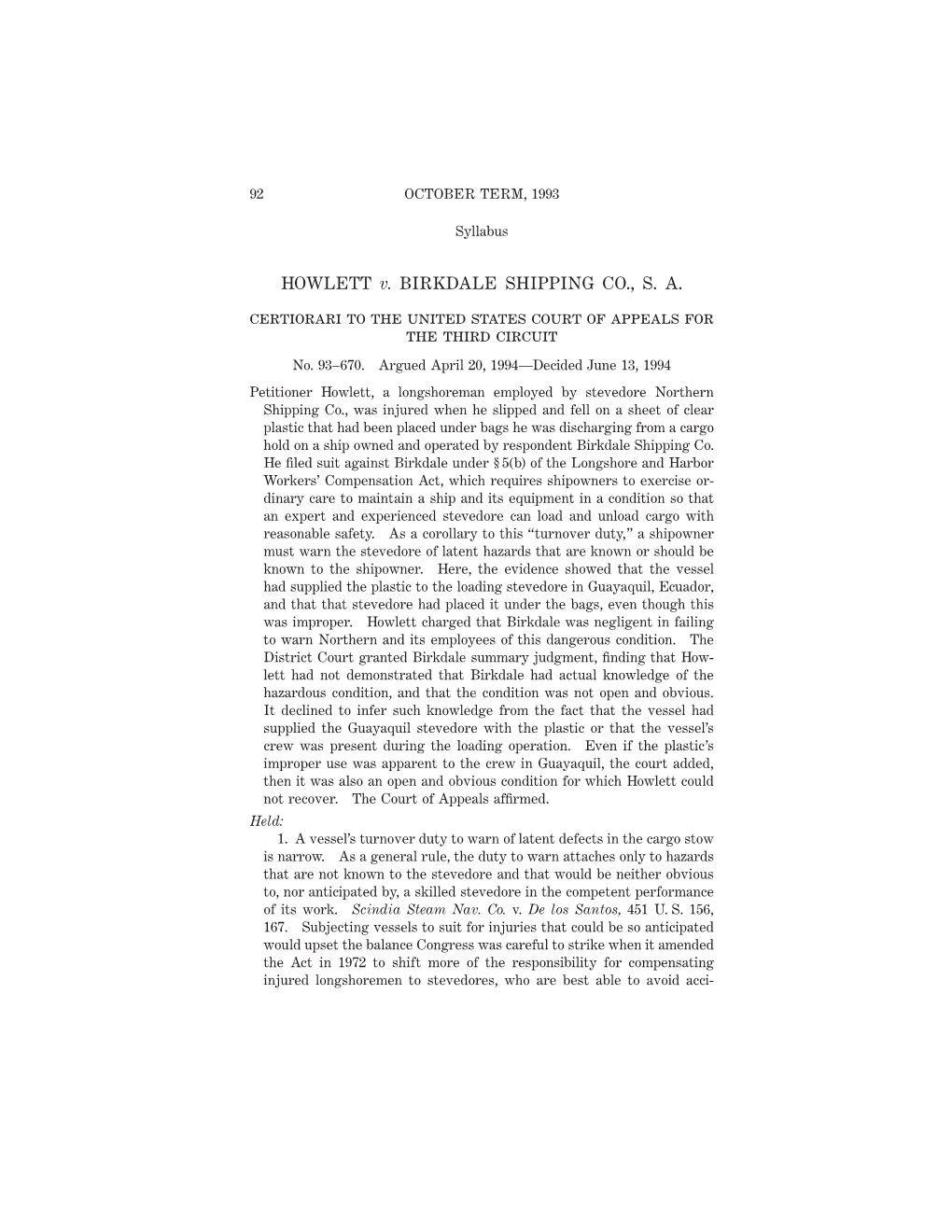 HOWLETT V. BIRKDALE SHIPPING CO., S. A. Certiorari to the United States Court of Appeals for the Third Circuit