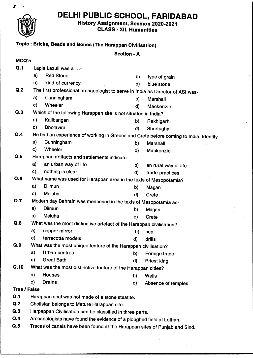 DELHI PUBLIC SCHOOL, FARIDABAD History Assignment, Session 2020-2021 CLASS - XII, Humanities