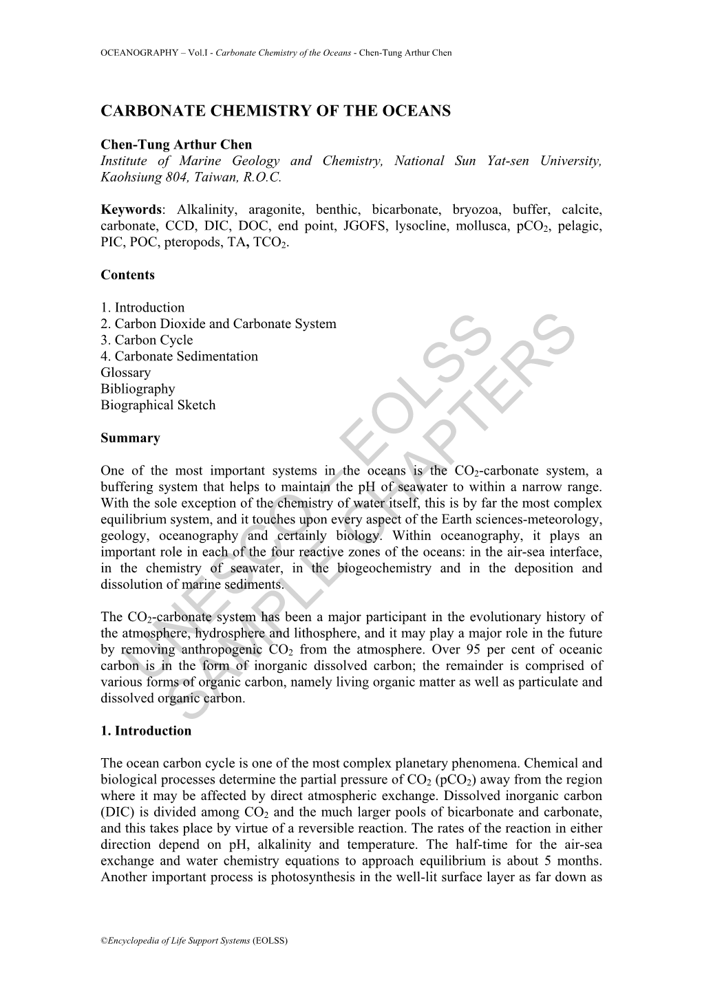 Carbonate Chemistry of the Oceans - Chen-Tung Arthur Chen