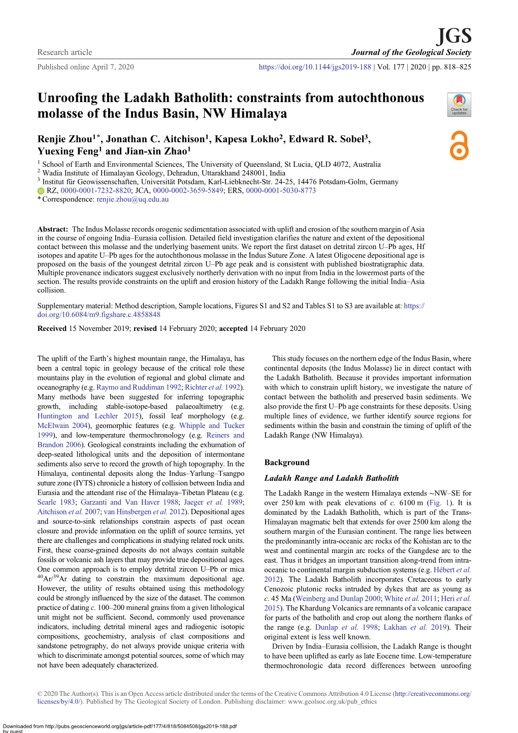 Unroofing the Ladakh Batholith: Constraints from Autochthonous Molasse of the Indus Basin, NW Himalaya