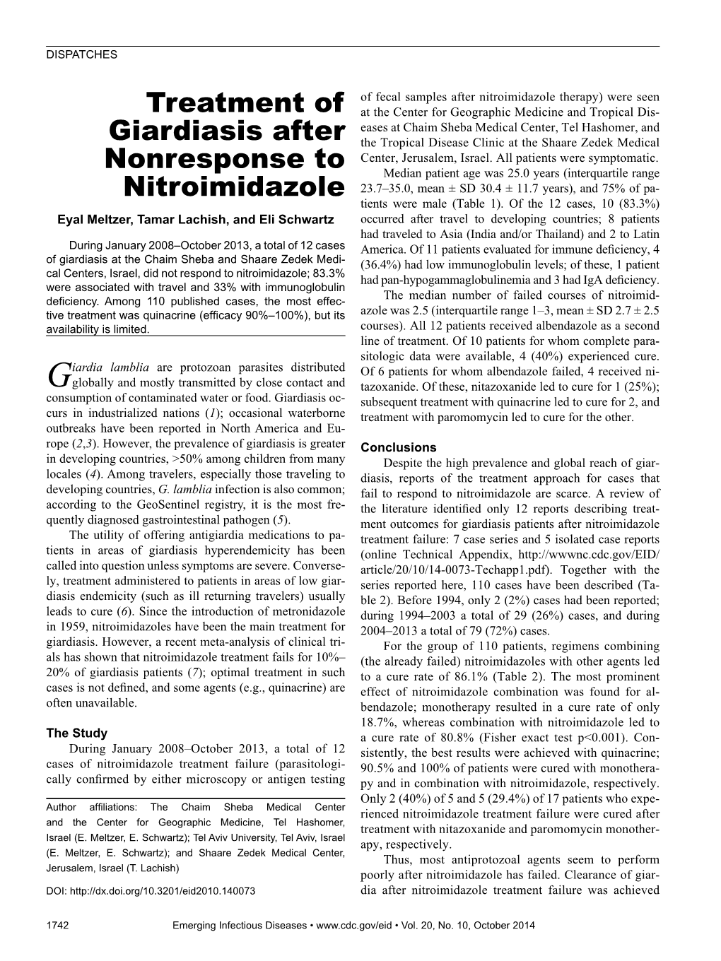 Treatment of Giardiasis After Nonresponse to Nitroimidazole