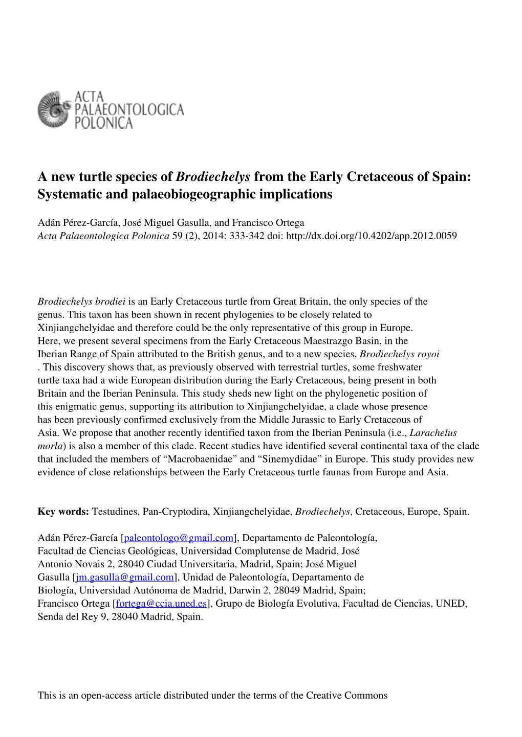 A New Turtle Species of Brodiechelys from the Early Cretaceous of Spain: Systematic and Palaeobiogeographic Implications