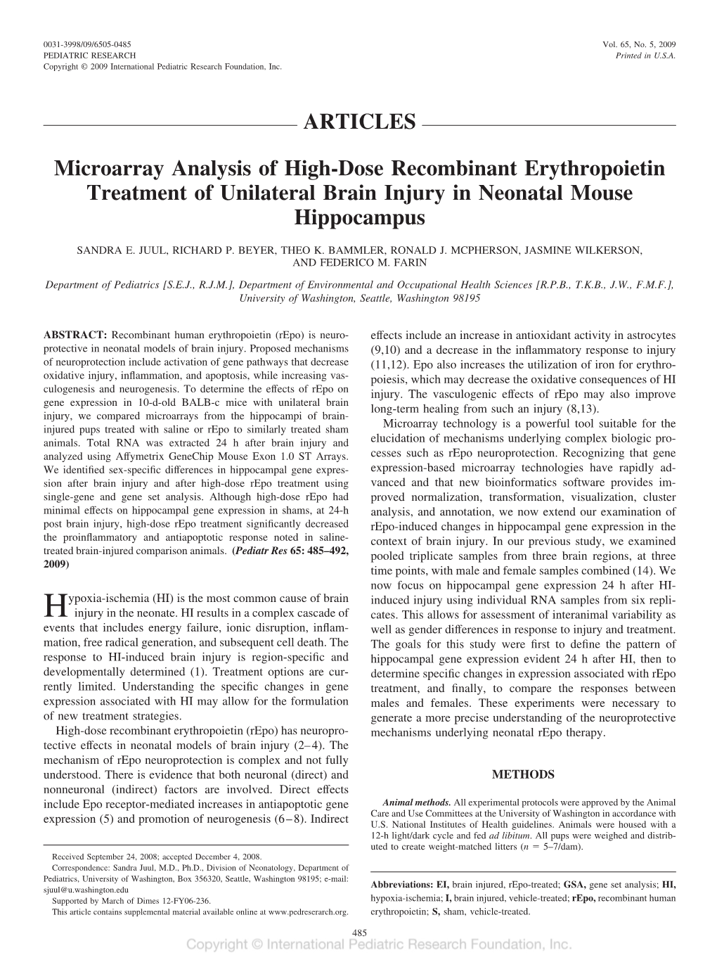Microarray Analysis of High-Dose Recombinant Erythropoietin Treatment of Unilateral Brain Injury in Neonatal Mouse Hippocampus