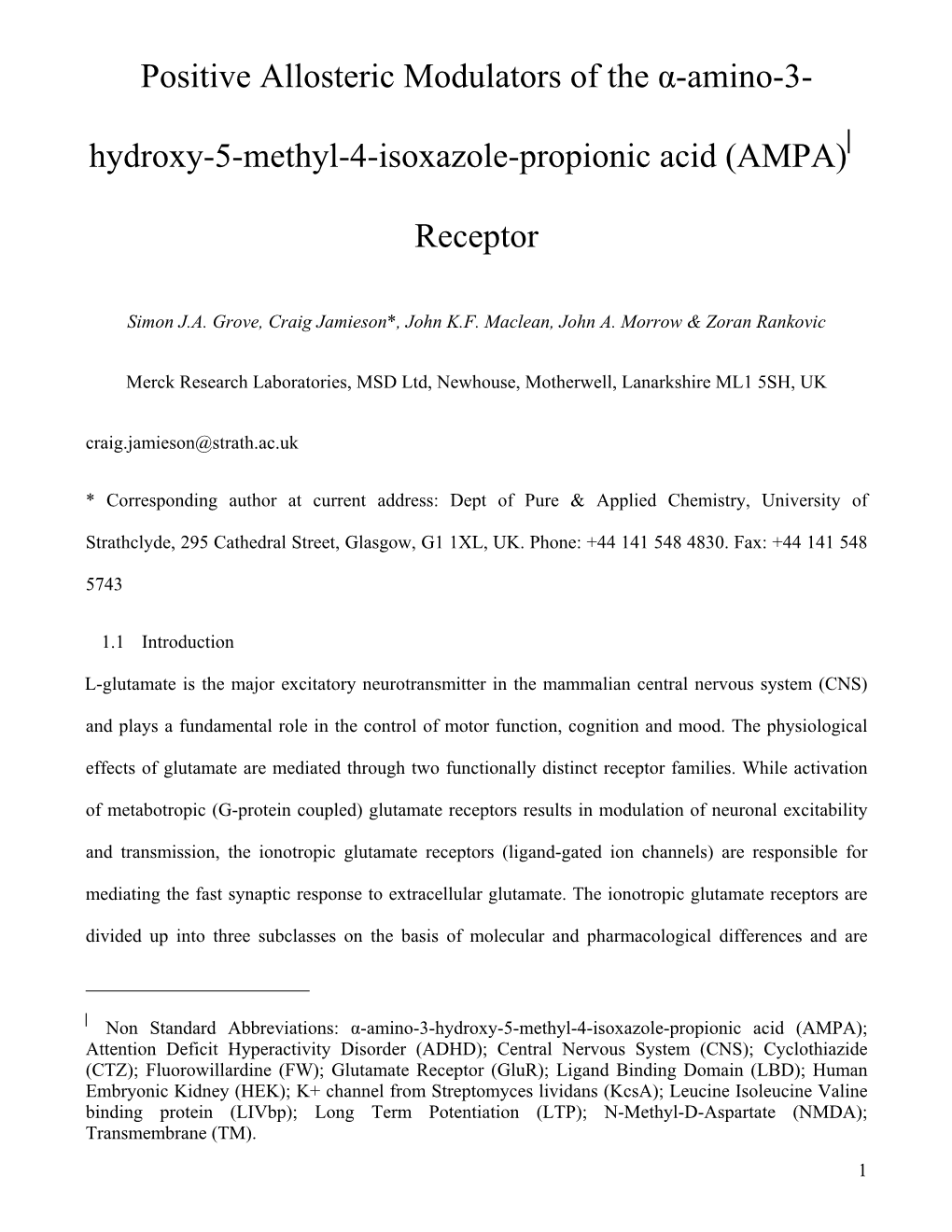 Positive Allosteric Modulators of the Α-Amino-3- Hydroxy-5-Methyl-4-Isoxazole-Propionic Acid (AMPA)⎮