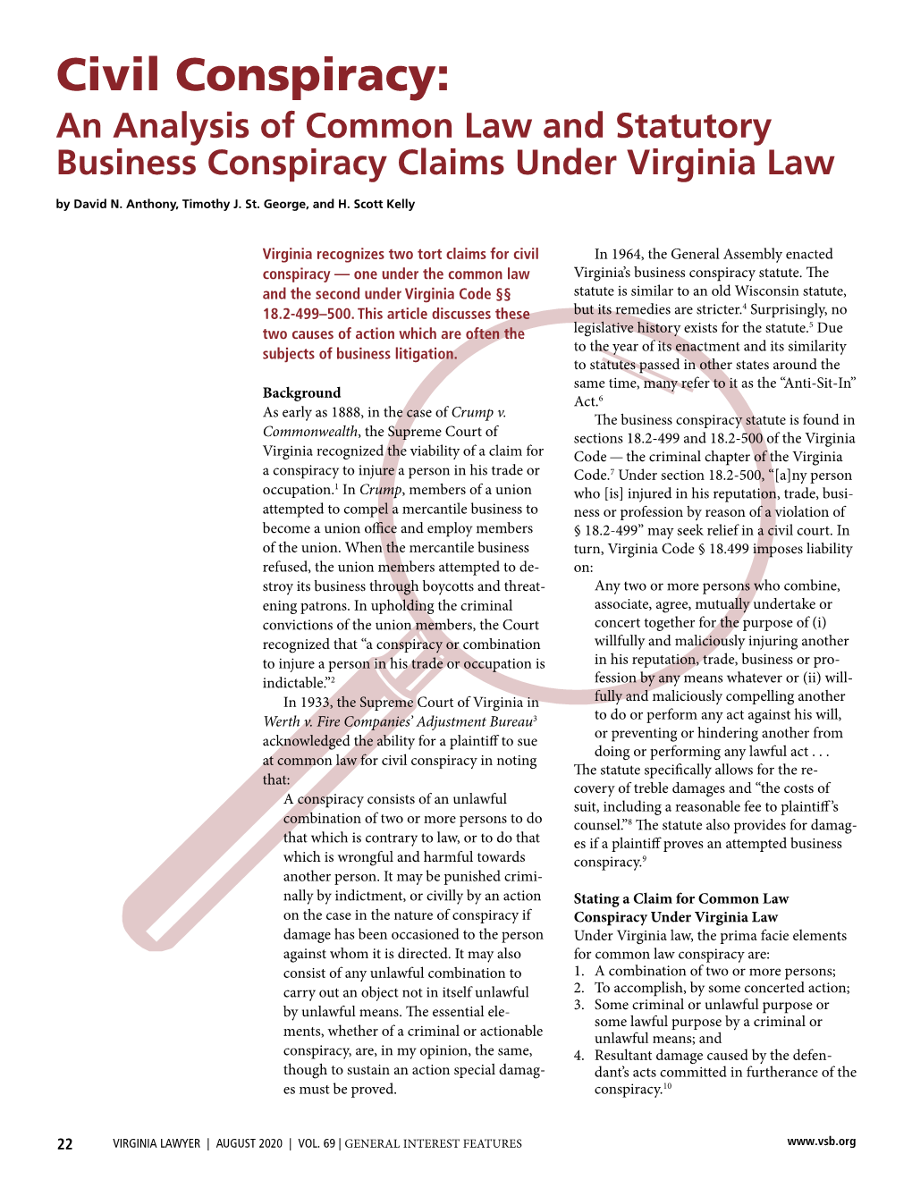 Civil Conspiracy: an Analysis of Common Law and Statutory Business Conspiracy Claims Under Virginia Law by David N