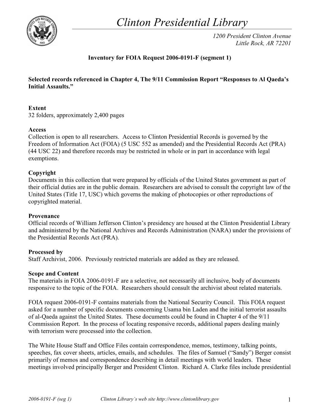 FOIA 2006-0191-F – the 9/11 Commission Report “Responses To