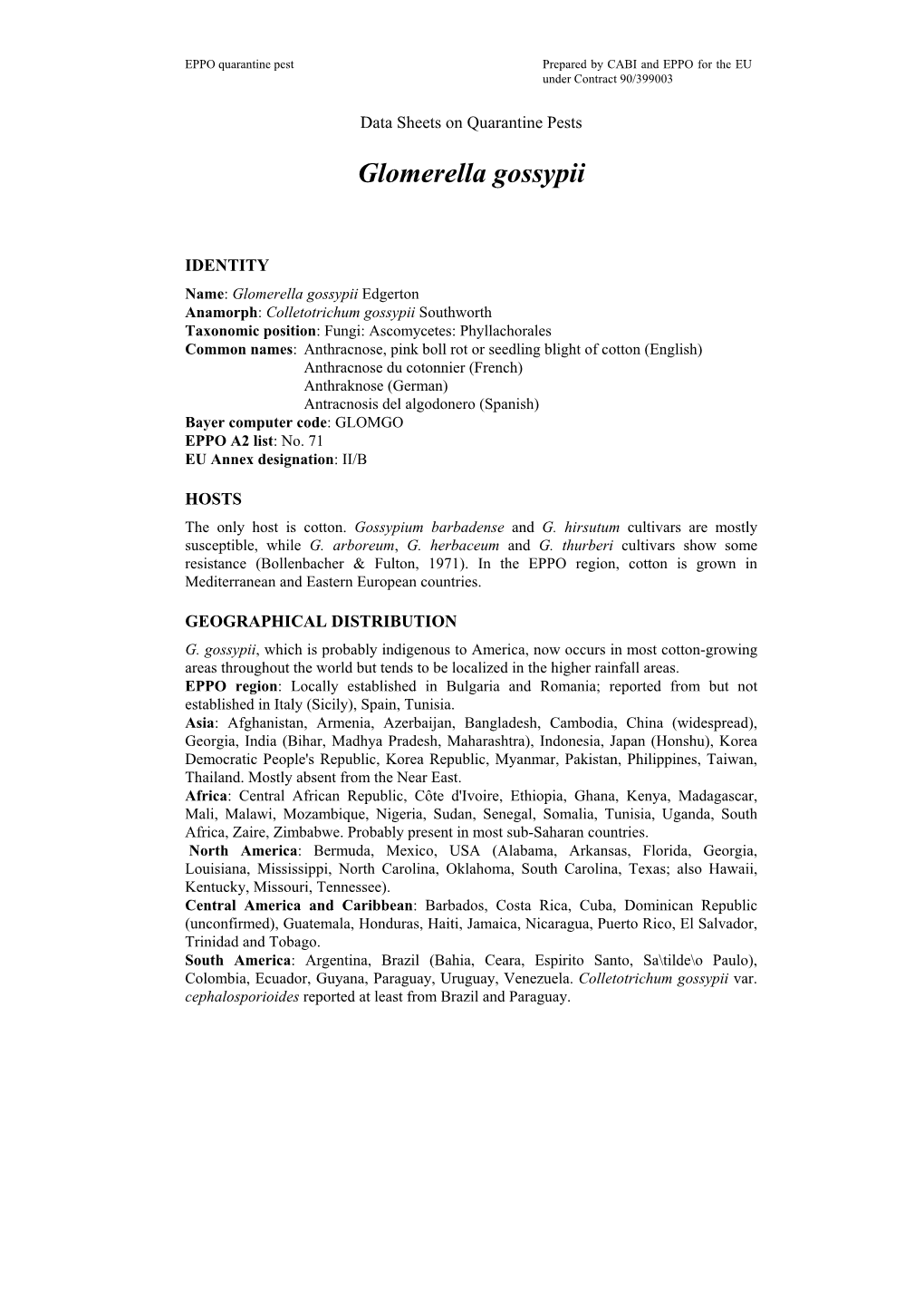 Data Sheet on Glomerella Gossypii